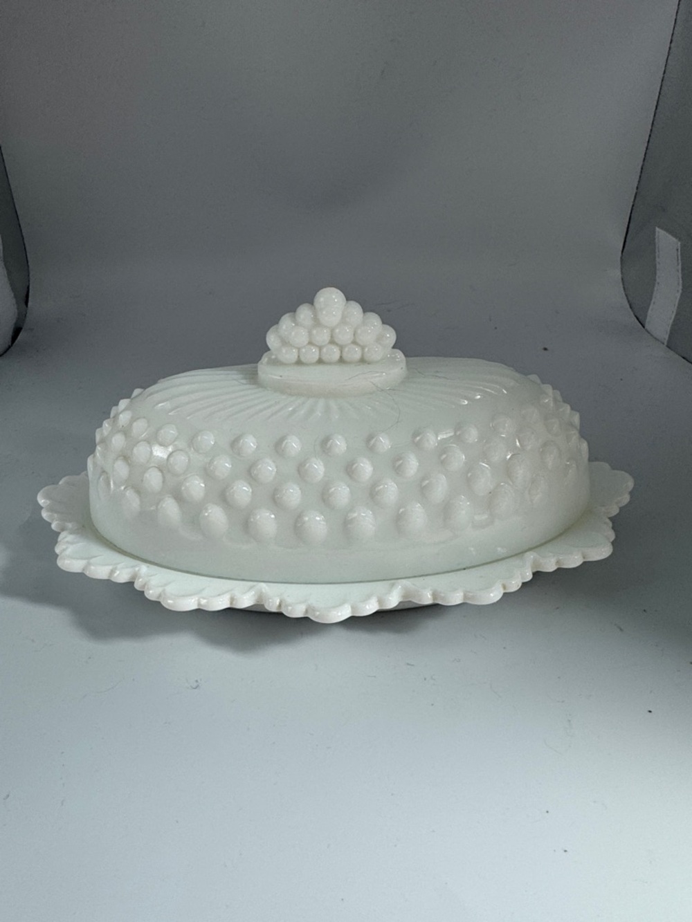 Fenton White Hobnail Covered Butter Dish with Scalloped Edge